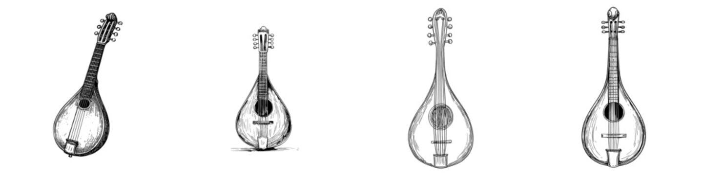 Stylized mandolin graphic arts are depicted in a modern hand drawn sketch icon isolated on a background