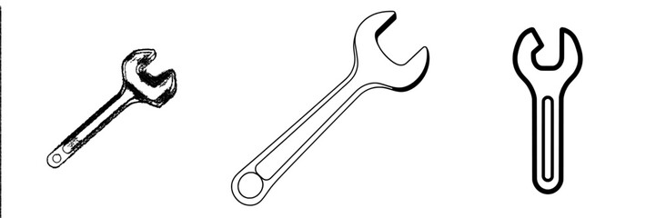 A wrench is depicted in a hand-drawn graphic style, presented as a vintage modern engraving illustration suitable for posters or web use, set against a white background
