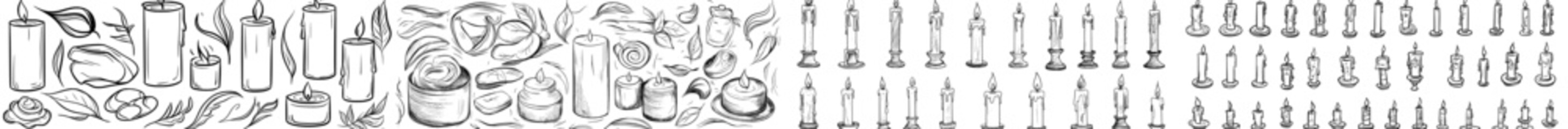 A set of candles doodles is available, featuring hand-drawn burning candles with fires of various shapes and styles suitable for home decoration, isolated on a transparent background to illustrate