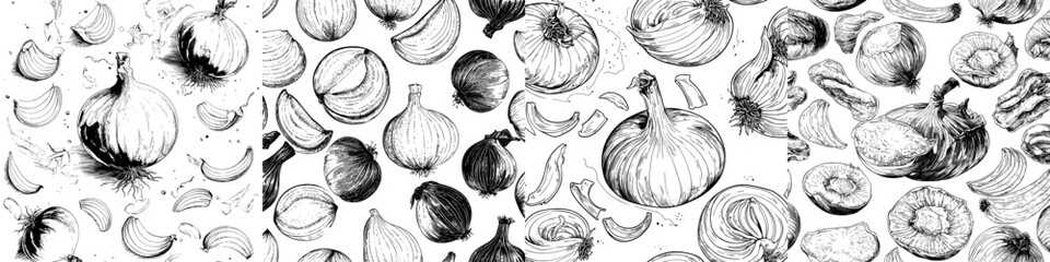 A modern sketch illustration of an onion set is presented in a seamless pattern, drawn in an engraved style with ink, evoking a natural and business-like vibe, suitable for vintage or retro-themed
