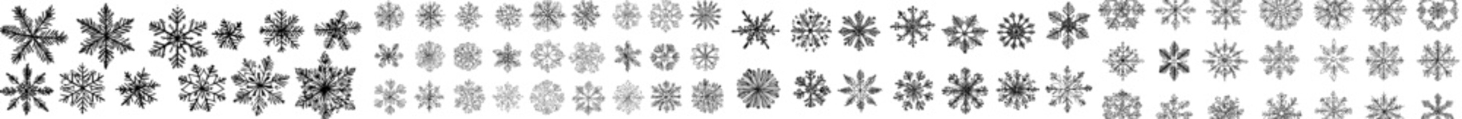 A set of snowflakes doodles is available, featuring a collection of hand-drawn, beautiful snowflakes with various patterns traditionally associated with winter, isolated on a transparent background,