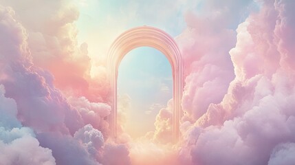 A dreamy pastel cloudscape with an elegant archway opening into an ethereal sky.