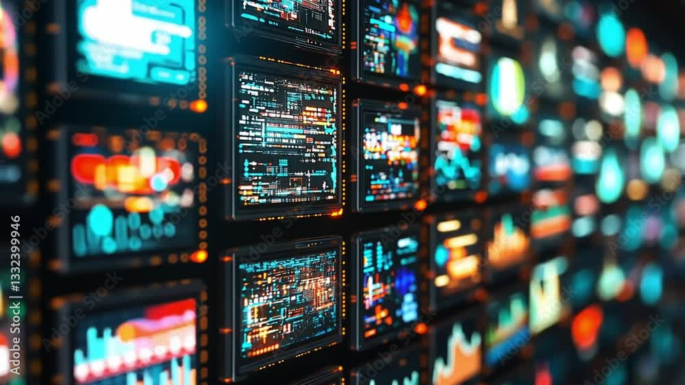 Poster visual data display showcasing vibrant graphics and analytics in a digital environment