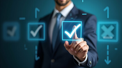 Businessman Touching Tick Mark on Checklist with Progressive Loading Status: A Visual Concept for Project Development Management and Task Tracking in Stock Photo