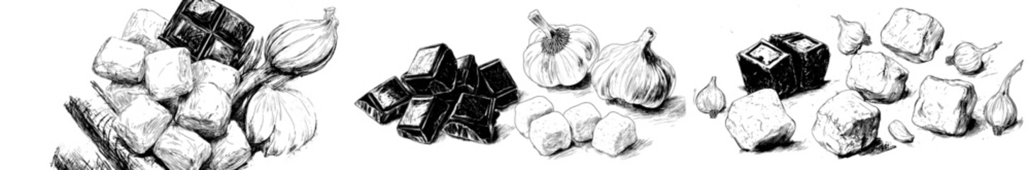 Caramel candies and other sweet treats are depicted in realistic hand-drawn illustrations of desserts, including sugary cubes, pastry with melted toppings, marshmallows on sticks, and toffees, all