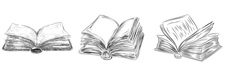 A book with an open blank page icon is depicted in a hand-drawn doodle style, embodying modern minimalism and monochrome tones, set against a library backdrop that evokes learning and reading, with