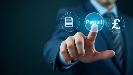 Innovative Payroll Solutions: A Businessman Interacting with Virtual Payroll Icons for Enhanced Financial Reporting and Payroll Processing in Finance and Accounting