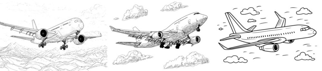 A modern sketch illustration depicts a plane flying in the sky, incorporating elements of air travel and tourism in a hand-drawn, isolated design © Andrei