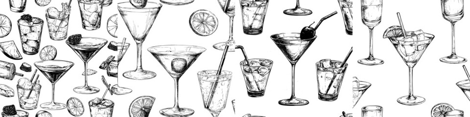 A seamless pattern of cocktails featuring a daiquiri, old fashioned, manhattan, martini, and sidecar in a hand-drawn, engraved, modern illustration style, isolated in black and white with a vintage