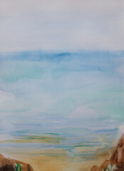 Marine landscape with cloudy skyline, sandy seashore and mountains. Original painting watercolor with space for text.