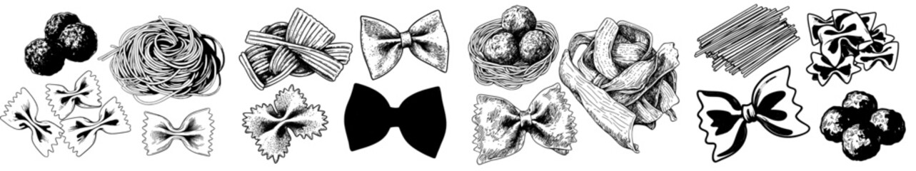 Pasta products are depicted in a modern illustration featuring sketch engraving, which can be used for T-shirt apparel print design, scratch board imitation, and presented as a black and white hand