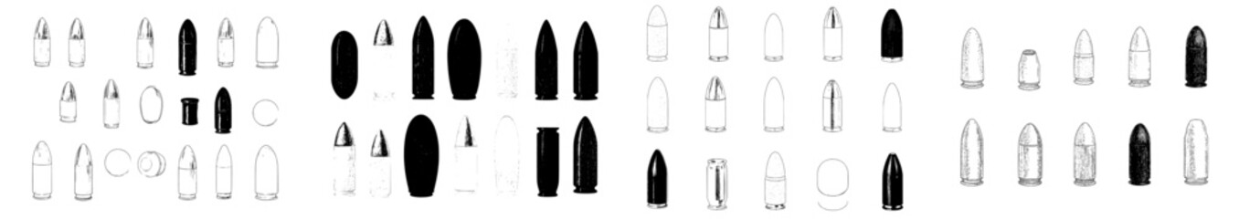 A collection of vintage monochrome illustrations featuring bullets and cartridges, suitable for use as design elements in logos, labels, signs, emblems, and posters, with a modern twist