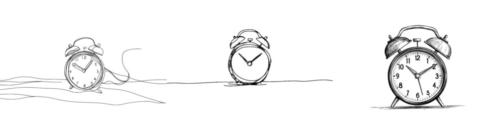 A minimalist graphic design for print and banners, showcasing a modern illustration of an alarm clock in continuous one line drawing style