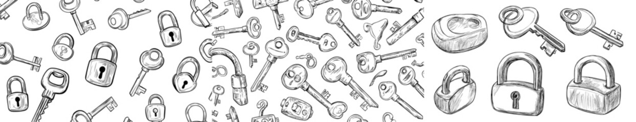 A hand-drawn illustration featuring a set of old, etched door keys with accompanying keychains and rings, suited for locking and unlocking padlocks, is rendered in a medieval style with a modern