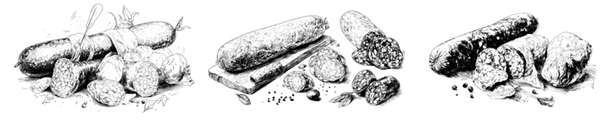 A hand drawn sausage, along with engraved meat food, isolated jamon, bacon, pork bologna, chorizo, or mortadella, and ham and salami slices, form a set of butchery products for a tasty meal of modern © Andrei