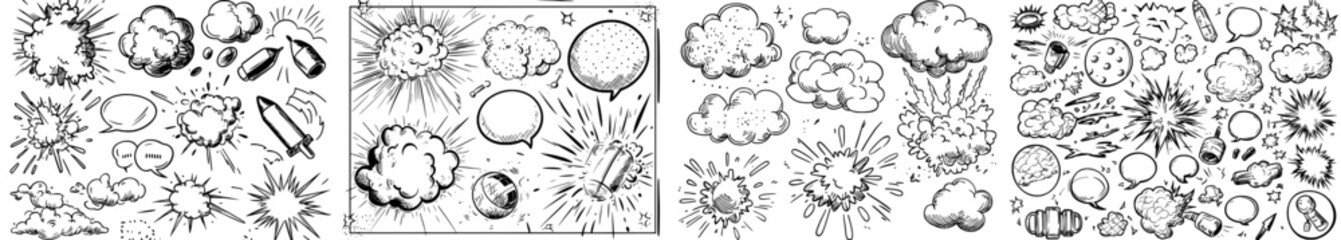 A hand-drawn explosion is depicted along with a bomb, smoke, and other elements, all in a comic doodle sketch style, featuring a bomb cloud, dynamite, and star sign, as part of a modern illustration