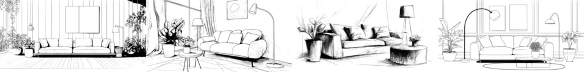 A single, unbroken line drawing depicts a couch, lamp, and plant, exemplifying modern, flat furniture for a living room interior in a simple linear style, with editable strokes, as a modern