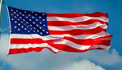 Obraz premium A vibrant American flag waving against a clear blue sky. A patriotic symbol representing freedom, independence, and national pride. Ideal for editorial use, national events, and historical themes