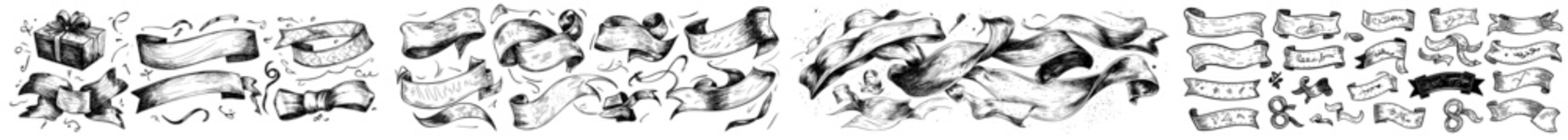 Modern cartoon sketches are created by hand and feature ribbons in a hand-drawn style