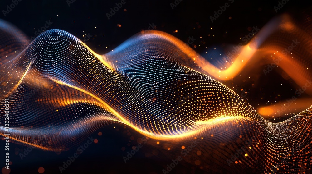 Poster mesmerizing abstract image featuring dynamic waves of luminous particles and golden glowing lines cr