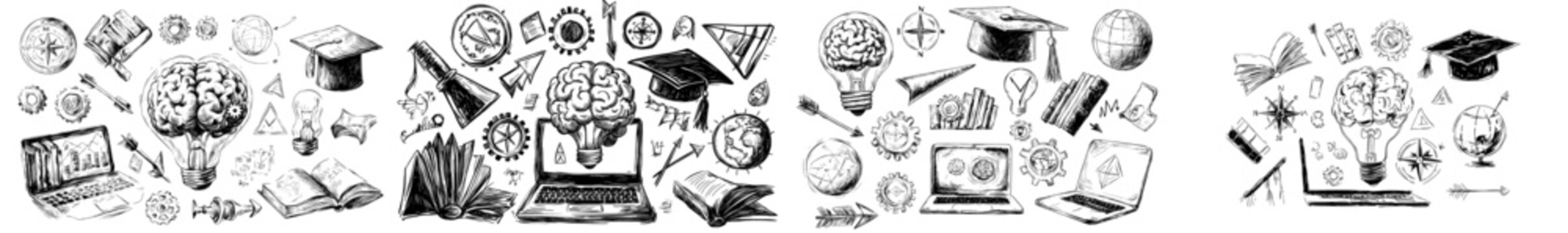 A set of online education doodles is available, featuring hand-drawn distant learning objects in a sketchy vintage style, as part of a modern illustration