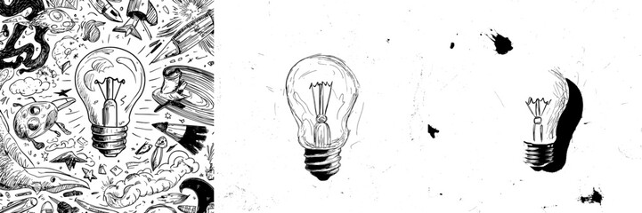 A hand-drawn, modern illustration of a light bulb icon in doodle style, symbolizing an idea, is depicted as a yellow light bulb in a child's drawing, isolated on a white background