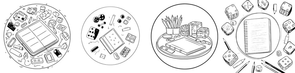 Obraz premium A set of board game elements is depicted in a modern hand-drawn illustration style, featuring simple doodles
