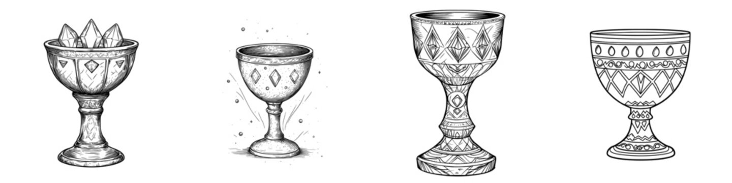 A priceless antique goblet is depicted in a modern illustration through a sketch and engraving style, suitable for a T-shirt apparel print design, mimicking scratch board, in a black and white hand