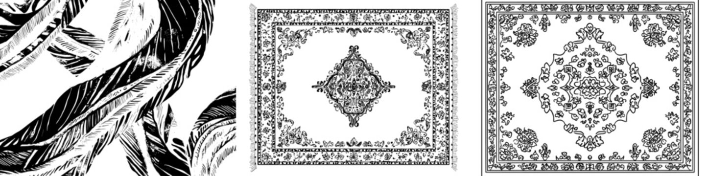A modern illustration of a carpet rug is presented on a t-shirt as an apparel print design, alongside a scratch board imitation in the form of a black and white hand drawn image