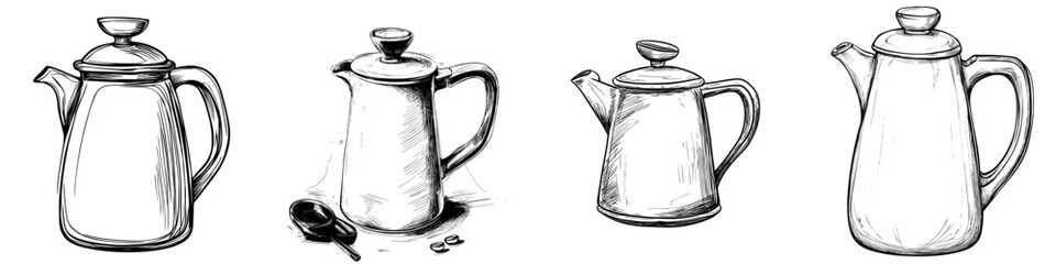 A modern glass teapot filled with coffee is depicted in a black outline style, isolated against a white background in a doodle design