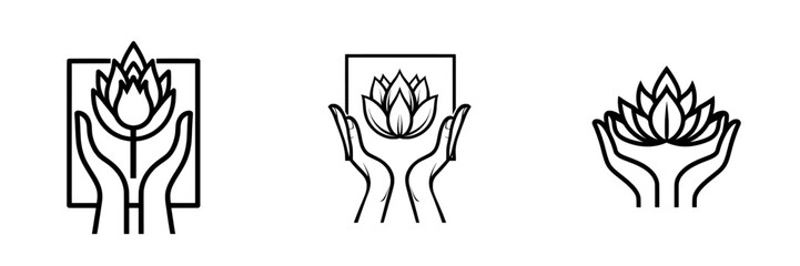 The elegant lotus flower is cradled by a simple human hand set against a decorative hand-drawn frame with a modern twist