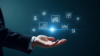 Hand interacting with holographic procurement interface displaying logistics supply chain inventory management icons ensuring efficient business operations in empty space concept as Hand interacts wit
