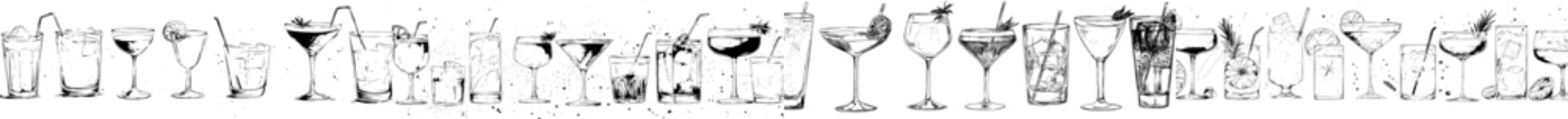A hand-drawn, modern illustration in a vintage style depicts cocktails, including the alcoholic daiquiri, old fashioned, manhattan, martini, and sidecar in a glass engraving