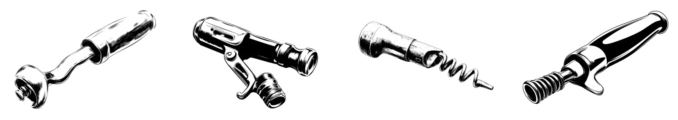 A contemporary hand-drawn sketch of a corkscrew is presented in a hand-drawn style, accompanied by a modern vintage engraved illustration