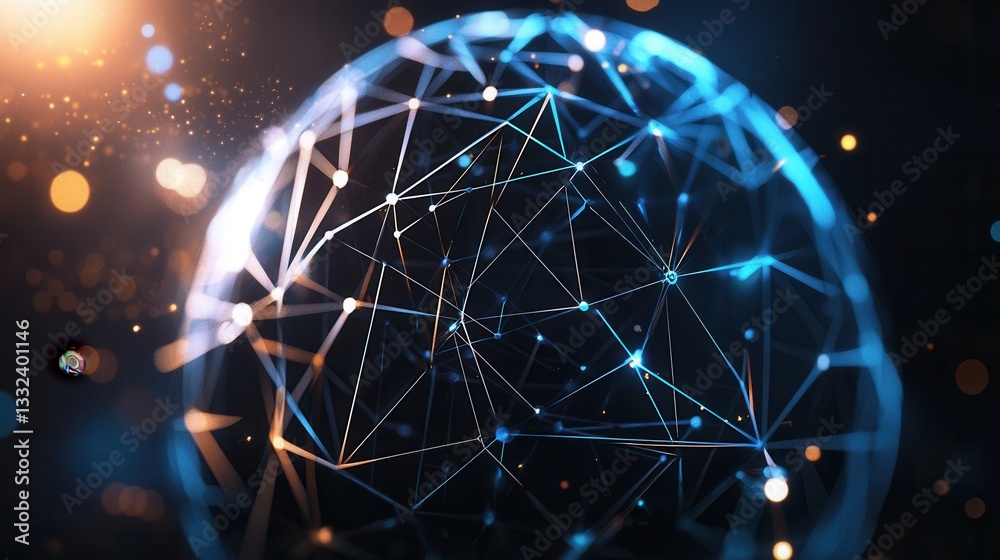 Poster futuristic abstract visualization of a complex digital network system with a glowing interconnected 