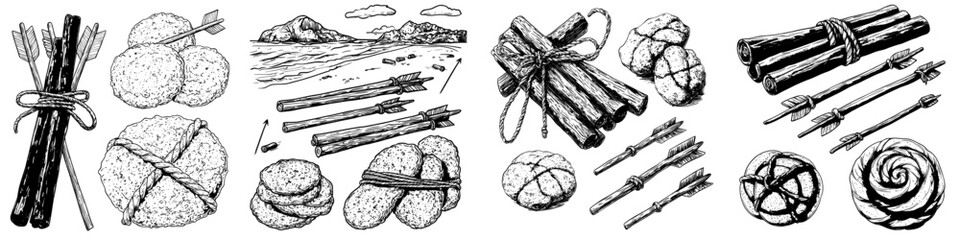 A compilation of rough hand-drawn cinnamon images is presented alongside monochrome engravings and isolated objects for design purposes, all bundled with rope © Andrei