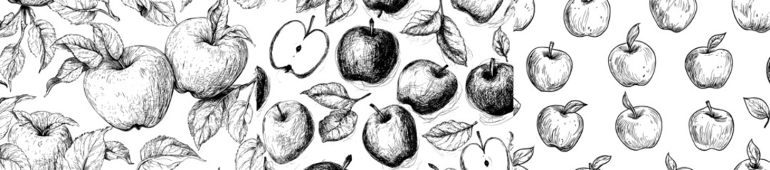 A set of modern fruit engravings featuring hand-drawn apple pieces, organic vegetables, and whole or half products with leaves and seeds, representing a healthy vitamin-rich vegetarian meal with