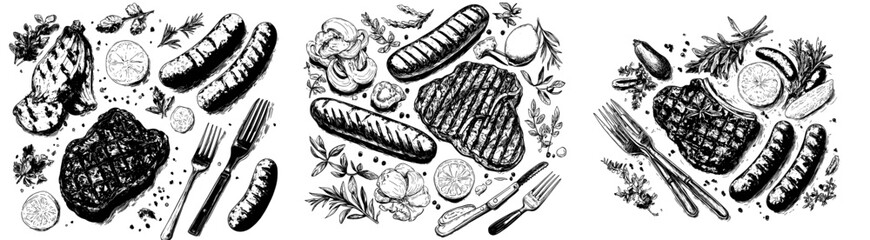 A hand-drawn depiction of barbecue features sausages, vegetables, and grilled elements, showcasing healthy seasonal options like ribs and lamb for a modern restaurant menu with a vintage twist