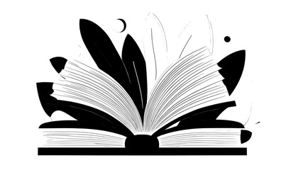 An open vintage book is showcased through a beautiful monochrome hand drawn illustration