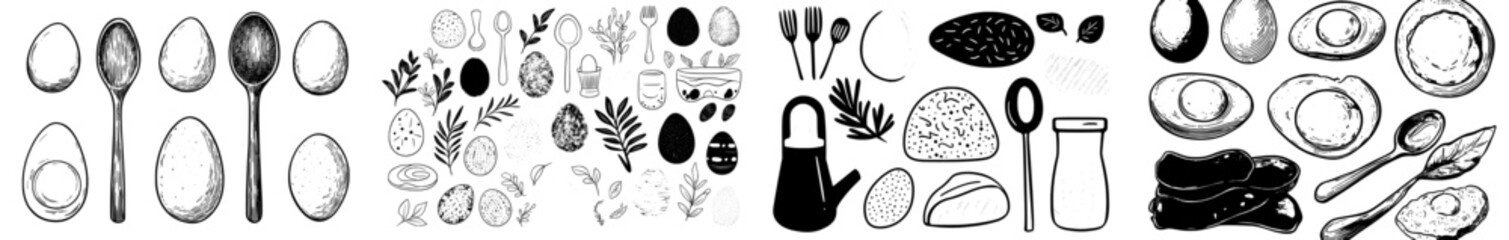 Simple illustration of boiled and fresh eggs, featuring outline icons of cracked and broken quail eggs and chicken eggs in a cardboard box and bowl © Andrei