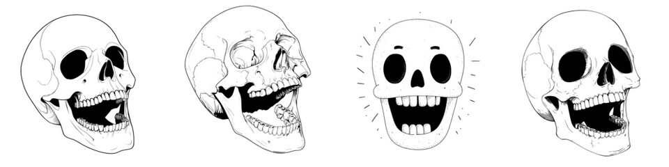 A monochrome human skull illustration serves as a design element for various applications, including posters, cards, banners, emblems, and signs, in a modern style