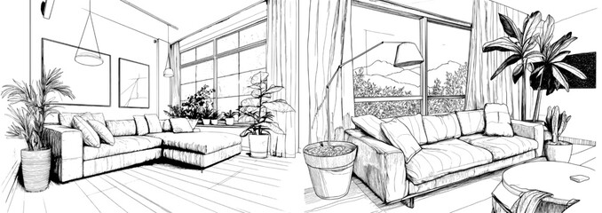 A cozy living room scene for coloring, along with interior design inspiration, suitable for both kids and adults in a charming coloring book