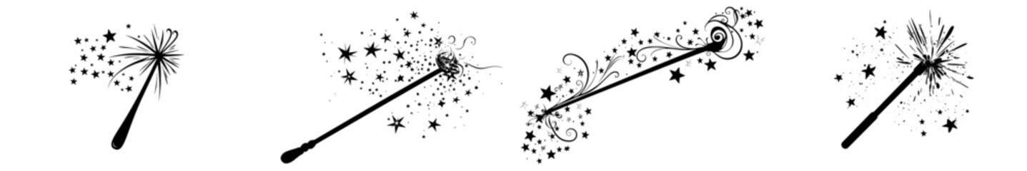 A modern illustration of a magic wand silhouette in a simple style is available, along with a shiny stick icon suitable for print and design, all hand drawn on a white background with isolated