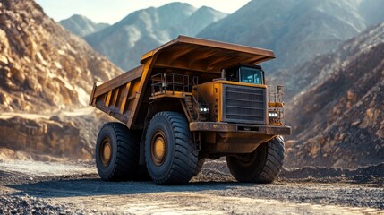 Large Mining Truck Hauling Ore in Mountainous Quarry Landscape