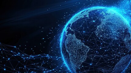 A futuristic of a worldwide digital network represented as a wireframe globe with interconnected nodes and glowing blue energy lines symbolizing global connectivity and technological advancement
