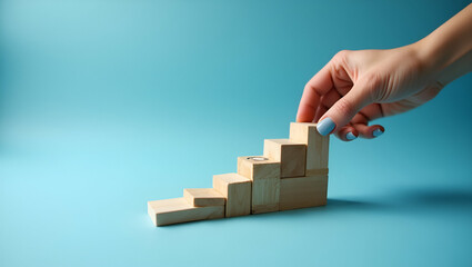 Woman arranges wood blocks into step stairs on blue paper symbolizing business growth process success and strategic planning. concept as Illustrates systematic growth emphasizing workplace planning in