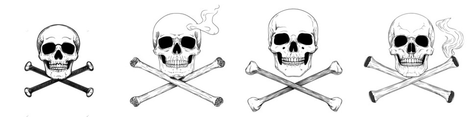 A skull smoking a cigar or cigarette is surrounded by smoke and paired with a crossed metal ax featuring a wooden handle, symbolizing a tool used in woodworking or lumberjack professions