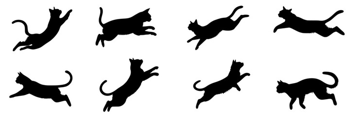 A modern isolated silhouette of a jumping cat, featuring a logo, designed for print and use as a decorative sticker