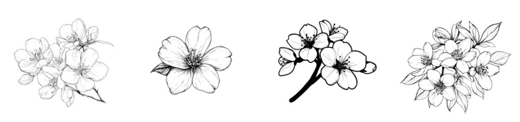 Cherry flower blossom, botanical art. Spring almond, sakura, apple tree branch, hand-drawn doodle modern illustration. Cute black ink art, isolated on white background. Realistic floral bloom sketch