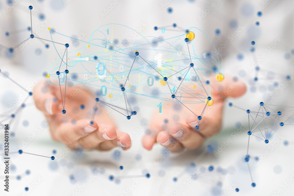 Poster Global network. Blockchain. 3D illustration. Neural networks and artificial intelligence. Abstract  3d